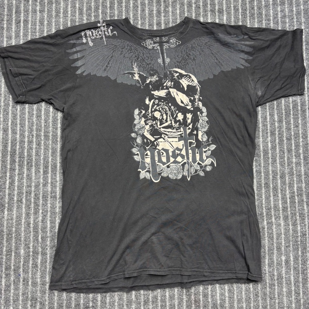 Nostic Mens Graphic T-Shirt XL Black Skeleton Angel Wings Rhinestone Y2K Grunge